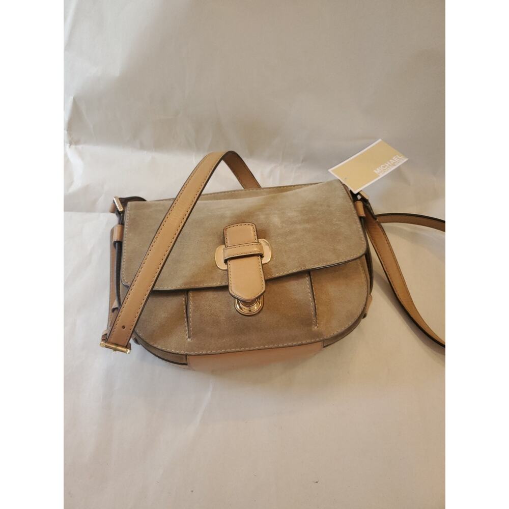 Michael Kors Romy Handbag Crossbody Tan Suede Leather Saddlebag NEW